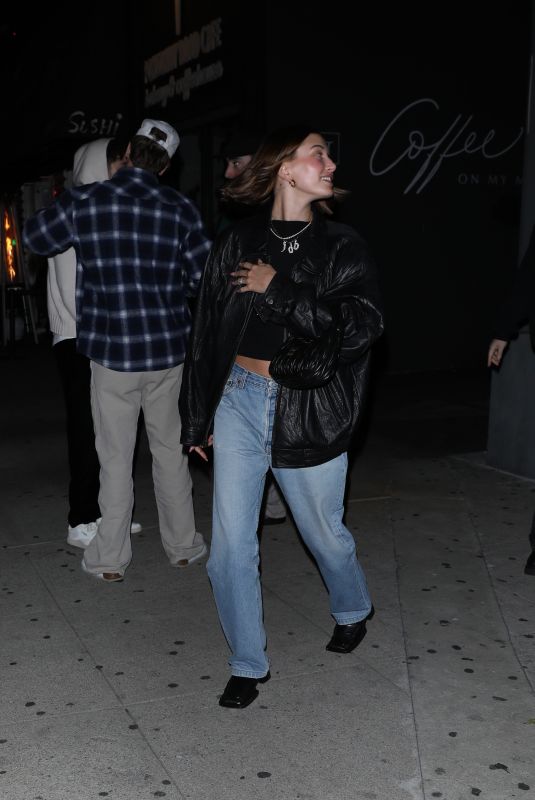 HAILEY BIEBER Leaves Dinner with Zack Bia and Friends at Sushi Fumi in Los Angeles 02/13/2023