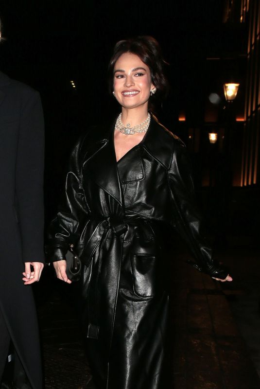 LILY JAMES Arrives at Edward Enninful