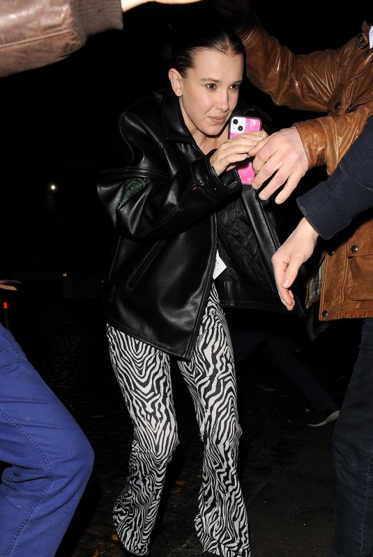 MILLIE BOBBY BROWN Arrives at Chiltern Firehouse in London 03/24/2023