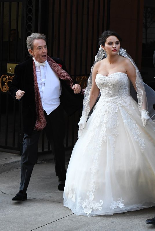 SELENA GOMEZ in a Wedding Dress on the Set of Only Murders in the Building with Martin Short and Steve Martin in New York 03/21/2023