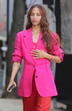 ZOE SALDANA Filming a Stella Artois Beer Commercial with Matt Damon and Ludacris in New York 03/09/2023
