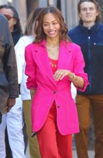 ZOE SALDANA Filming a Stella Artois Beer Commercial with Matt Damon and Ludacris in New York 03/09/2023