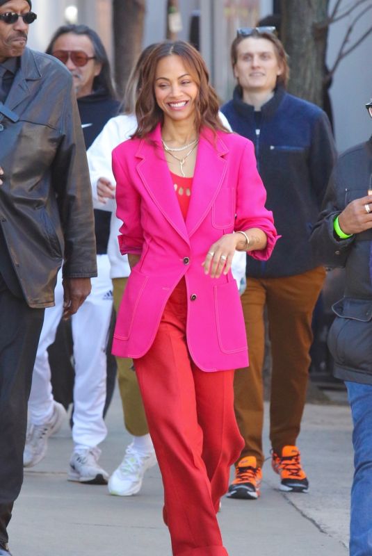 ZOE SALDANA Filming a Stella Artois Beer Commercial with Matt Damon and Ludacris in New York 03/09/2023