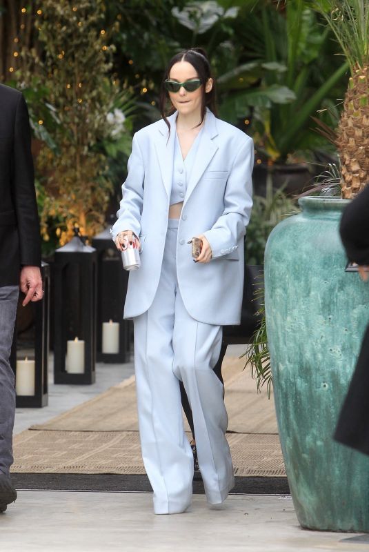 DOVE CAMERON in a Baby Blue Suit Leaves an Event in Hollywood 04/13/2023