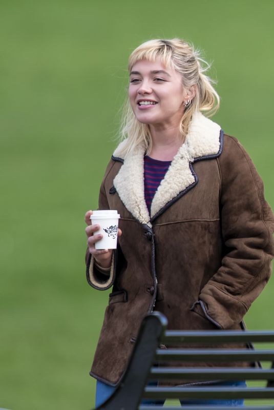 FLORENCE PUGH on the Set of We Live in Time 04/03/2023