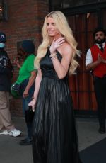 JESSICA SIMPSON in a Long Leather Black Dress Out in New York 04/12/2023