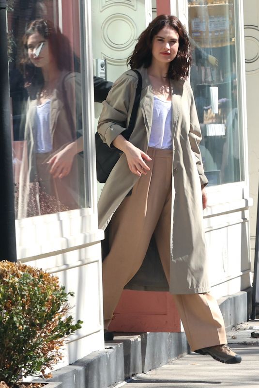 LILY JAMES on the Set of Relay in New York 04/13/2023