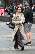 LILY JAMES on the Set of Relay in New York 04/17/2023