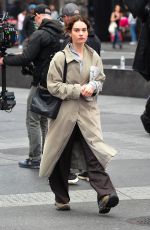 LILY JAMES on the Set of Relay in New York 04/17/2023