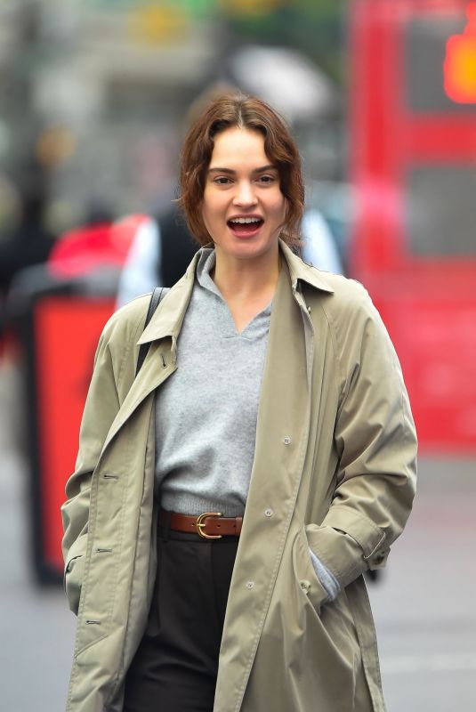 LILY JAMES on the Set of Relay in New York 04/17/2023