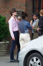 LILY JAMES Outside Her Hotel with Friends in New York 04/16/2023