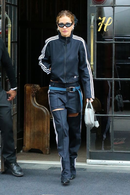 RITA ORA Leaves Bowery Hotel in a Adidas Track Suit in New York 04/27/2023