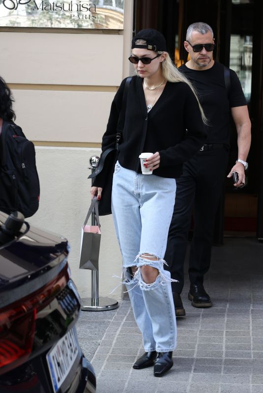 GIGI HADID in Ripped Denim Leaves Her Hotel in Paris 06/28/2023