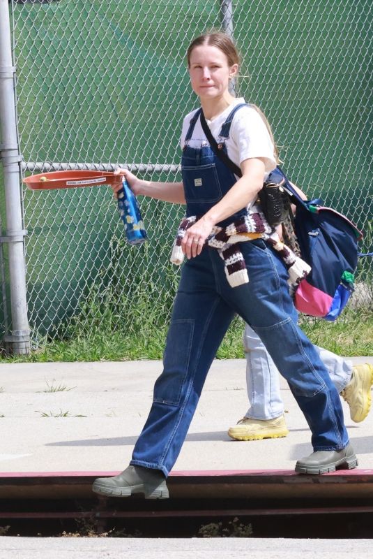 KRISTEN BELL in Denim Overalls and Workboots Out in Los Angeles 06/13/2023