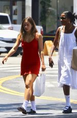 ADDISON RAE in a Red Dress Shopping for Lingerie with a Friend at Le Boudoir in Los Angeles 07/12/2023