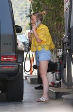 HILARY DUFF in a Denim Skirt at a Gas Station in Los Angeles 07/07/2023