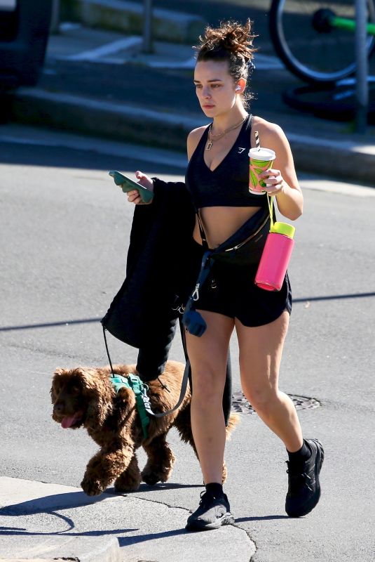 ABBIE CHATFIELD Out with Her Dog at Bondi Beach 08/21/2023
