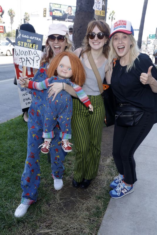 KYRA GARDNER, HANNAH MAY CUMMING and BARBARA CRAMPTON at SAG-Aftra and WGA Picket Line in Los Angeles 08/14/2023