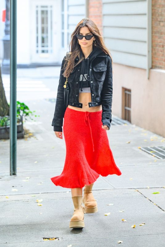 EMILY RATAJKOWSKI in a Red Skirt Out in New York 09/22/2023