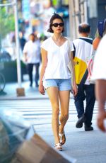 MARGARET QUALLEY in Denim Shorts Out in New York 09/07/2023