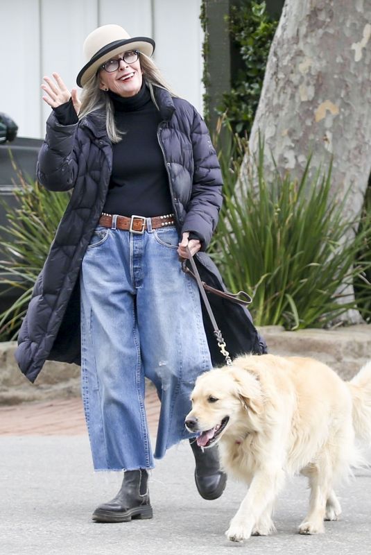 DIANE KEATN Out with Her Dog Reggie in Santa Monica 10/07/2023