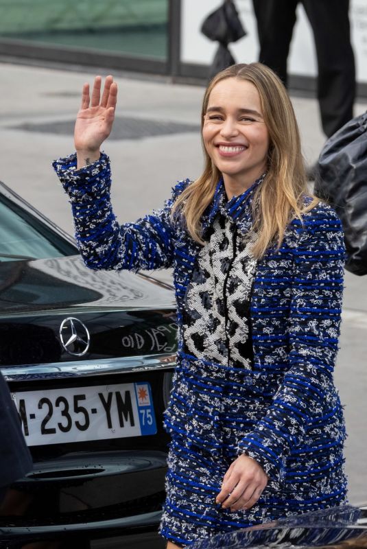 EMILIA CLARKE Arrives at Chanel Show at Paris Fashion Week 10/03/2023