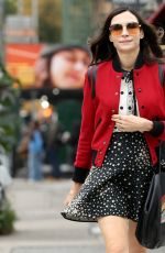 FAMKE JANSSEN in a Starry Mini Skirt, Red Varsity Jacket, White Socks and Mary Jane Flats Out in New York 10/30/2023