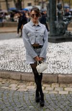 KATHERINE LANGFORD in a Crop Denim Jacket and Denim Skirt Out at Paris Fashion Week 10/03/2023