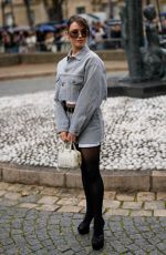 KATHERINE LANGFORD in a Crop Denim Jacket and Denim Skirt Out at Paris Fashion Week 10/03/2023