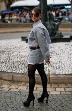 KATHERINE LANGFORD in a Crop Denim Jacket and Denim Skirt Out at Paris Fashion Week 10/03/2023