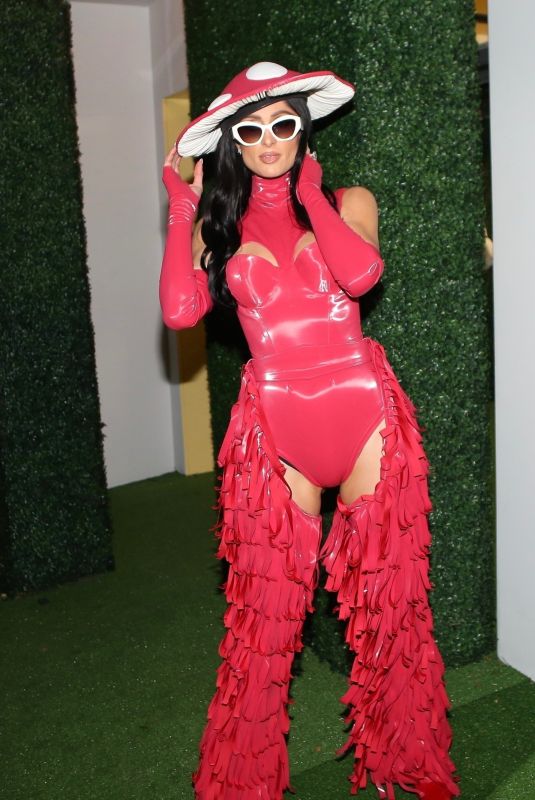 PARIS HILTON in a Red Mushroom Princess Costume at a Halloween Party in West Hollywood 10/28/2023