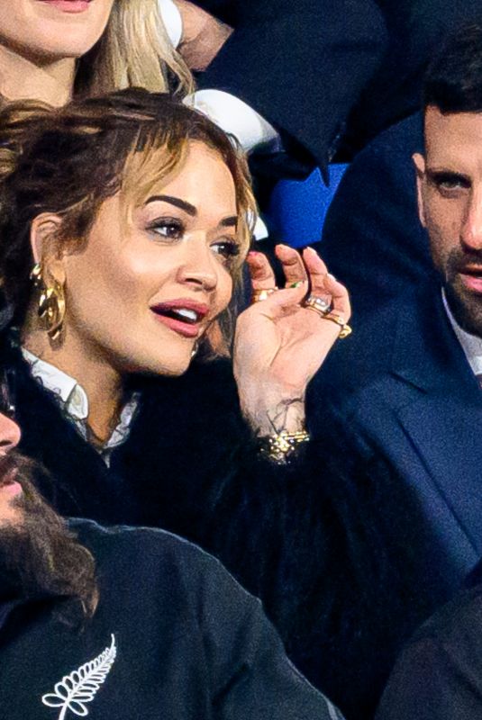 RITA ORA and Novak Djokovic at Rugby World Cup France 2023 Gold Final Match Between New-Zealand and South Africa at Stade de France in Paris 10/28/2023