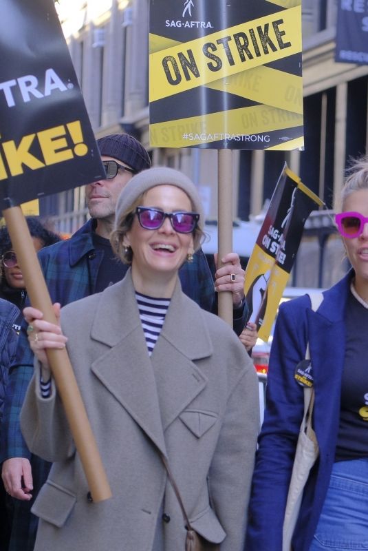 SARAH PAULSON and BUSY PHILIPPS at Sag-Aftra Picket Line at Netflix in New York 10/23/2023