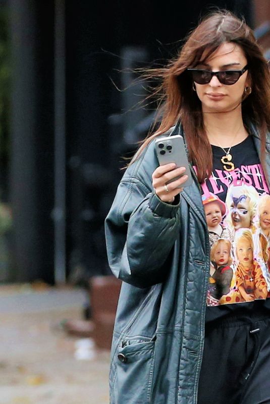 EMILY RATAJKOWSKI in a Custom T-shirt Out Getting Coffee in New York 12/18/2023