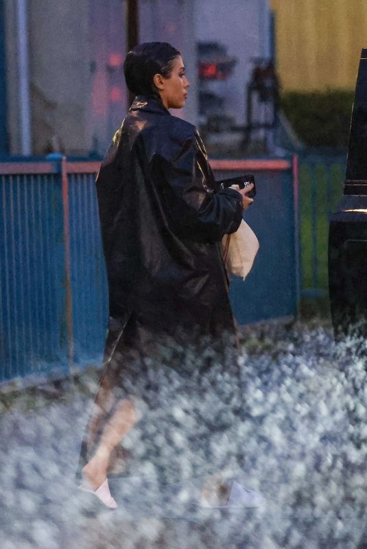 BIANCA CENSORI Out in Hotel Slippers and Leather Jacket in Los Angeles 01/21/2024