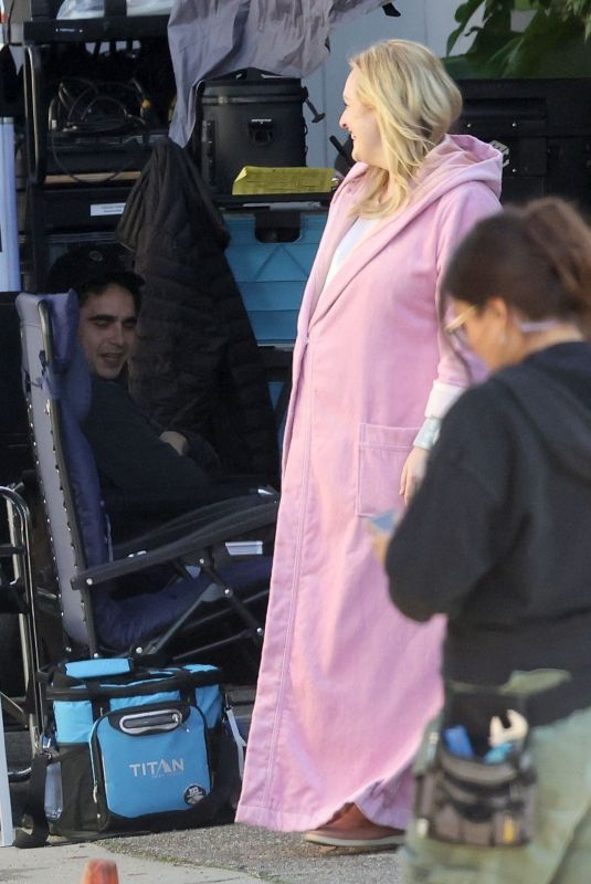 ELISABETH MOSS on Set with Director Max Minghella in Los Angeles 01/30/2024