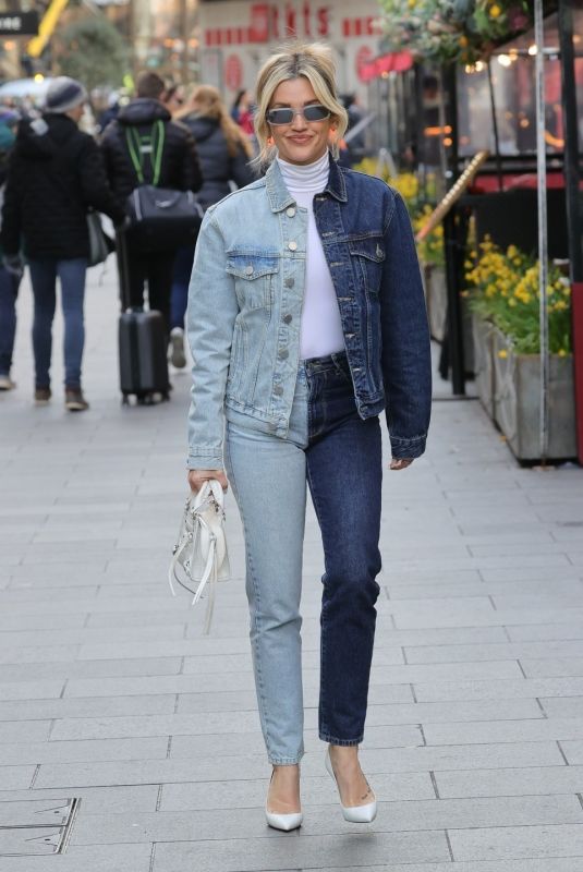 ASHLEY ROBERTS in Two Sided Double Denim Arrives at Heart Breakfast Show in London 02/23/2024