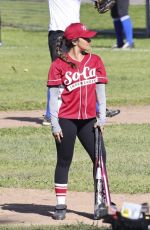 GINA RODRIGUEZ on the Set Dressed in a Baseball Uniform in Los Angeles 02/15/2024