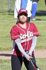 GINA RODRIGUEZ on the Set Dressed in a Baseball Uniform in Los Angeles 02/15/2024