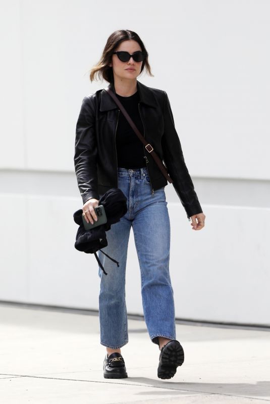 LUCY HALE in Denim and Leather Out in West Hollywood 02/16/2024