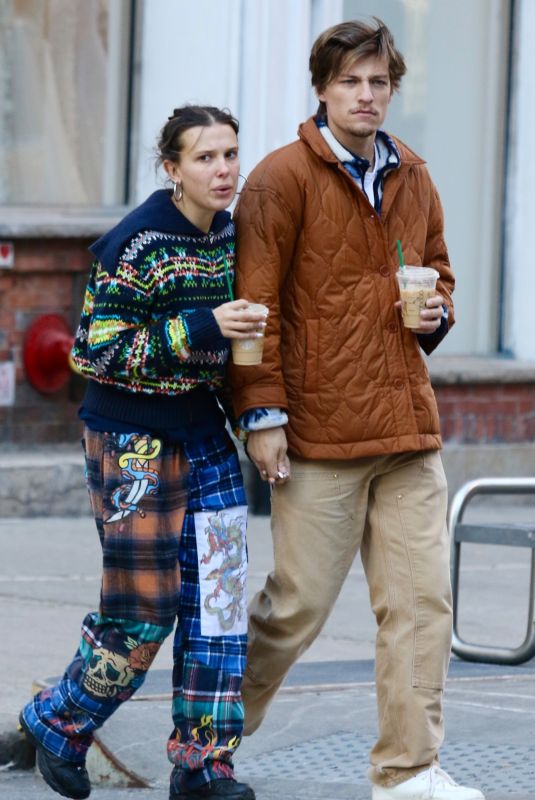 MILLIE BOBBY BROWN and Jake Bongiovi Out for Coffee in New York 02/19/2024