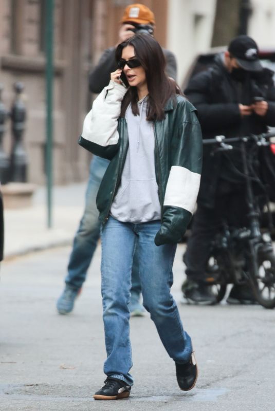 EMILY RATAJKOWSKI in a Graphic Leather Jacket Out in Manhattan 03/13/2024