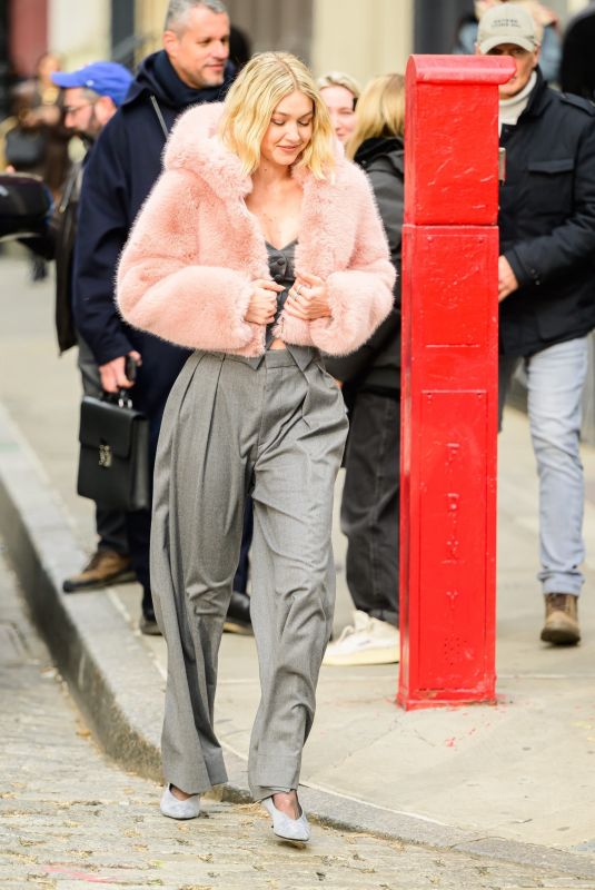 GIGI HADID on the Set of Maybelline Commercial on Mercer Street in New York 03/26/2024