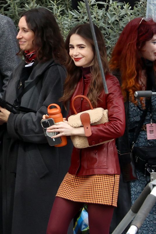 LILY COLLINS on the Set of Emily in Paris in Paris 04/02/2024