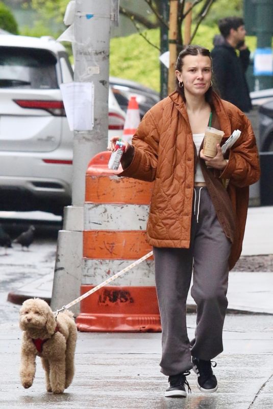 MILLIE OBBY BROWN Out with Her Dog in New York 04/18/2024