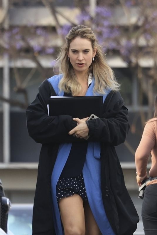 LILY JAMES on the Set of Swiped in Los Angeles 05/17/2024