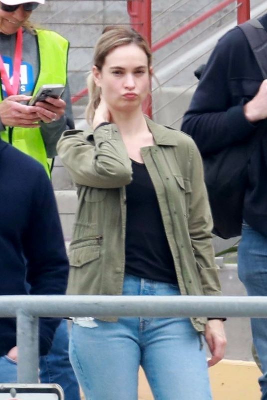 LILY JAMES on the Set of Swiped in Los Angeles 05/23/2024