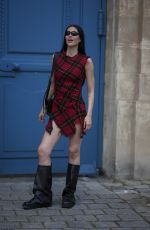 AMELIA HAMLIN in a Red Tartan Dress and Large Black Boots Out in Paris 06/21/2024