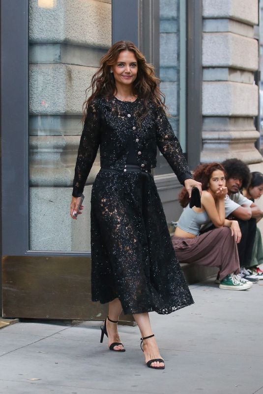 KATIE HOLMES in a Black Lace Dress Out in New York 06/10/2024