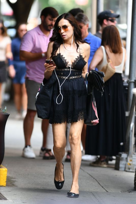 FAMKE JANSSEN Out in New York in a Black Lace Mini Dress 07/27/2024